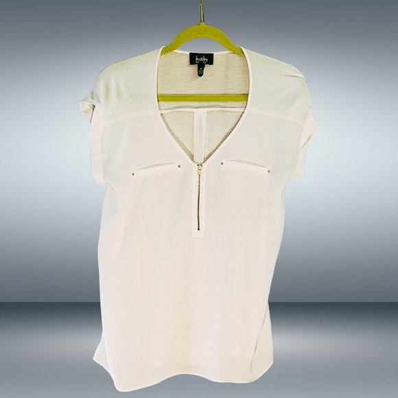 EggShell Rolled Short Sleeve Zip V-Neck Blouse - Opaque Silky Front, Knit Back - Picture 2 of 6